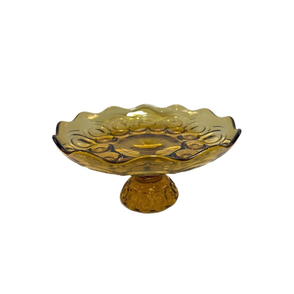 Footed Cake Plate Compote LE Smith Amber Moon & Stars |  Scalloped Ruffled Edge